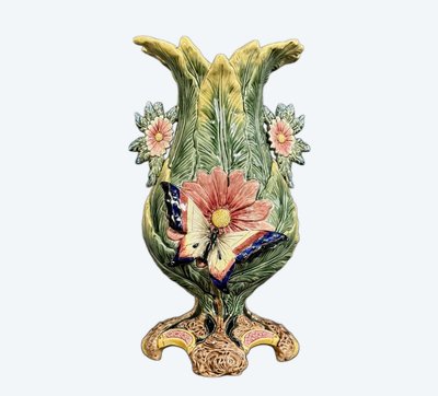 Very Important Butterfly Vase From The Art Nouveau Period In Barbotine