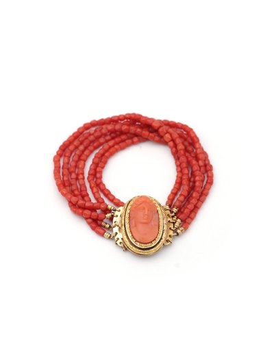 Bracciale antico in corallo con cammeo in oro 18k, perle di corallo, gioielli mediterranei, bracciale antico