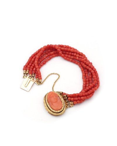 Bracciale antico in corallo con cammeo in oro 18k, perle di corallo, gioielli mediterranei, bracciale antico