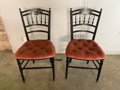 Coppia di sedie Napoleone III con decorazione a uccelli, seduta imbottita in velluto