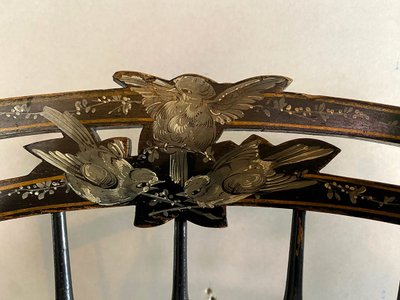 Coppia di sedie Napoleone III con decorazione a uccelli, seduta imbottita in velluto