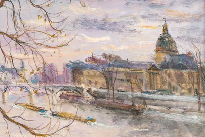 Serge Belloni (1925-2005) – Die Pont des Arts und das Institut, Öl auf Holz, circa 1980