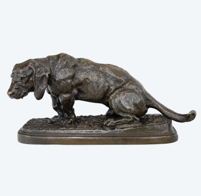 Sculpture - Basset Sitting , Antoine - Louis Barye (1795-1875) - Bronze