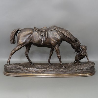 Sculpture - Mare In The Stable Playing With A Dog , Pierre-Jules Mêne (1810-1879) - Bronze