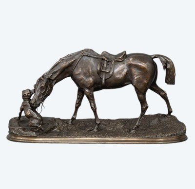 Sculpture - Mare In The Stable Playing With A Dog , Pierre-Jules Mêne (1810-1879) - Bronze