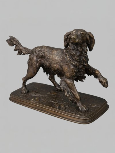Sculpture - Spaniel Dog On The Lookout , Ferdinand Pautrot (1832 - 1874) - Bronze