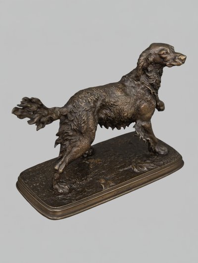 Sculpture - Spaniel Dog On The Lookout , Ferdinand Pautrot (1832 - 1874) - Bronze