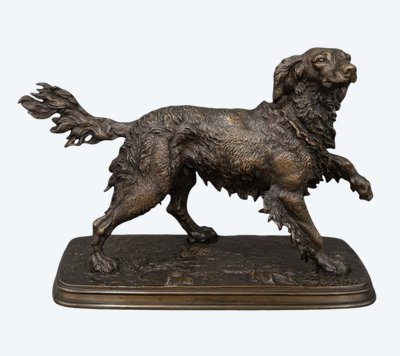 Sculpture - Spaniel Dog On The Lookout , Ferdinand Pautrot (1832 - 1874) - Bronze