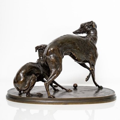 Gruppo in bronzo "Due levrieri che giocano a bocce", Pierre-Jules Mêne (1810-1879)
