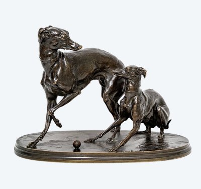 Gruppo in bronzo "Due levrieri che giocano a bocce", Pierre-Jules Mêne (1810-1879)