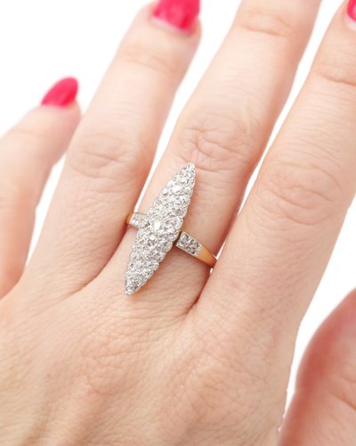 Anello con diamanti Marquise in oro 18k e platino, anello Belle Epoque, anello antico, matrimonio