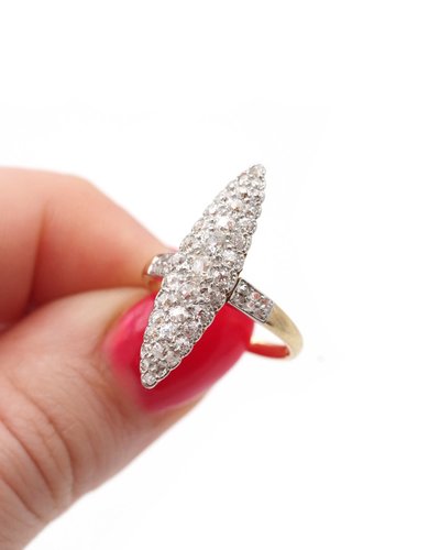 Anello con diamanti Marquise in oro 18k e platino, anello Belle Epoque, anello antico, matrimonio