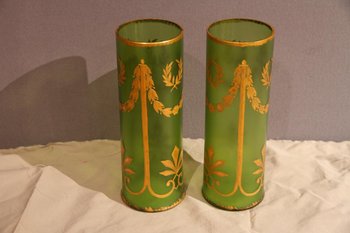 Paire De Vases En Verre, Vert Et Or, d'époque Napoléon III