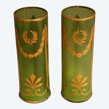 Paire De Vases En Verre, Vert Et Or, d'époque Napoléon III