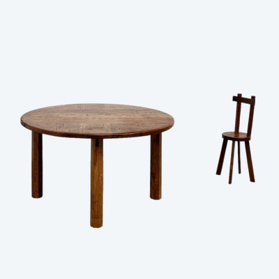 Table ronde en chêne massif – Pièce unique, circa 1900