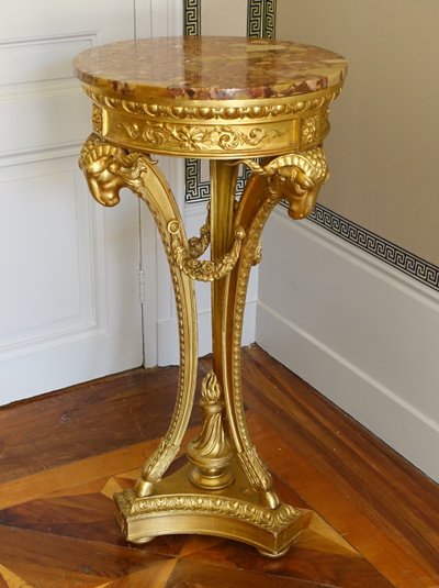 Athenian pedestal table in carved and gilded wood, Louis XVI style, Aleppo breccia marble