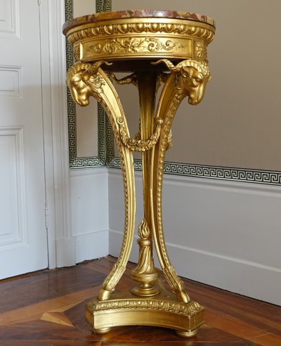 Athenian pedestal table in carved and gilded wood, Louis XVI style, Aleppo breccia marble