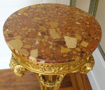 Athenian pedestal table in carved and gilded wood, Louis XVI style, Aleppo breccia marble