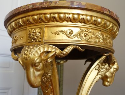 Athenian pedestal table in carved and gilded wood, Louis XVI style, Aleppo breccia marble