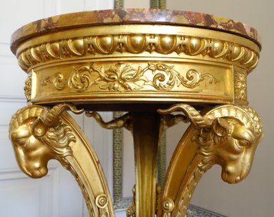 Athenian pedestal table in carved and gilded wood, Louis XVI style, Aleppo breccia marble