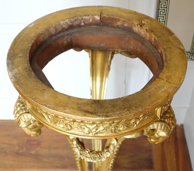 Athenian pedestal table in carved and gilded wood, Louis XVI style, Aleppo breccia marble