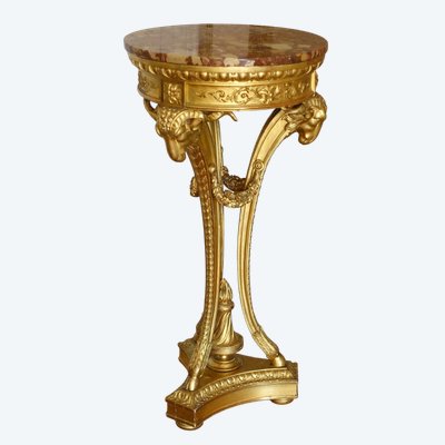 Athenian pedestal table in carved and gilded wood, Louis XVI style, Aleppo breccia marble