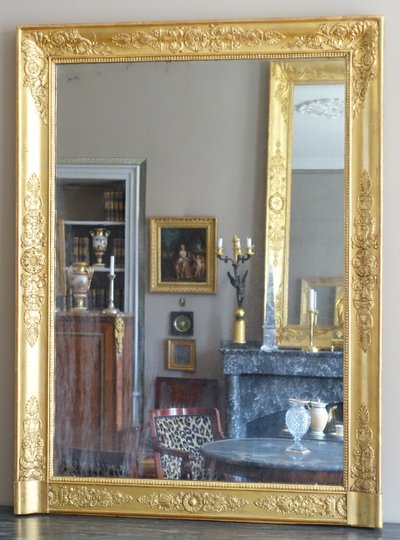 Specchio da camino in stile Impero, in legno dorato con vetro al mercurio - 91,5 cm x 123 cm