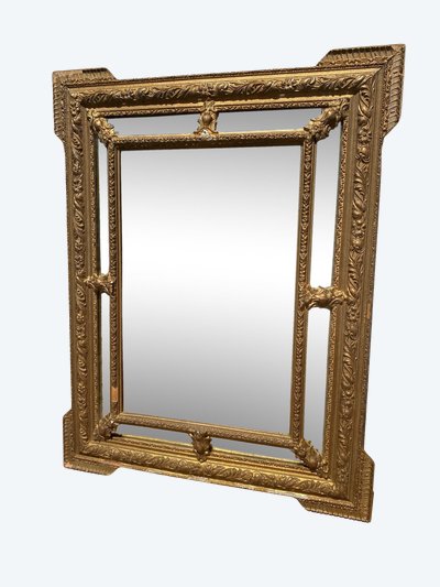 Specchio da camino in stile Luigi XVI con perle di vetro in legno dorato - XIX secolo
