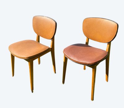 Pair of Scandinavian wood and leather chairs, Circa 1960