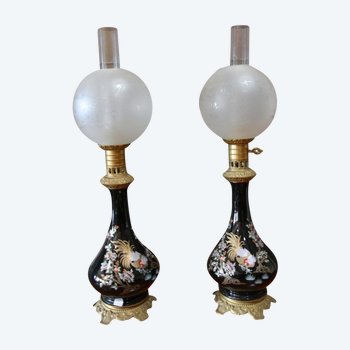 Pair Of Ceramic Oil Lamps With Chinoiserie Patterns, Glass And Gilt Bronze, 19th century