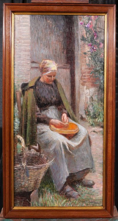 Impressionistische Schule um 1890–1900, Frau im Garten sitzend, großes Gemälde, Barbizon, Normandie