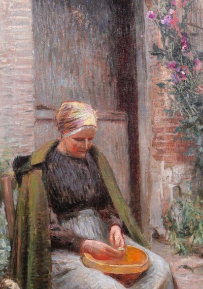 Impressionistische Schule um 1890–1900, Frau im Garten sitzend, großes Gemälde, Barbizon, Normandie