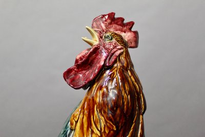 COQ en faience polychrome émaillée par Louis Robert Carrier Belleuse 55 cm de haut