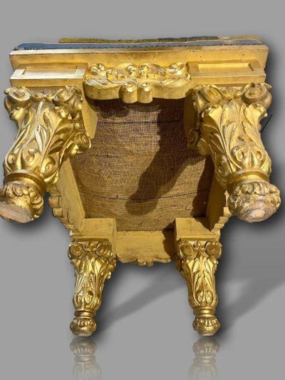 Importante Banquette Louis XIII – Bois Massif Doré, Tapisserie D’aubusson 17e Siècle