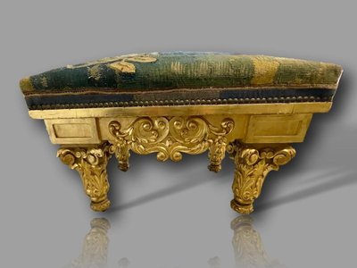 Importante Banquette Louis XIII – Bois Massif Doré, Tapisserie D’aubusson 17e Siècle