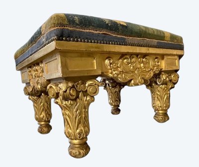 Importante Banquette Louis XIII – Bois Massif Doré, Tapisserie D’aubusson 17e Siècle