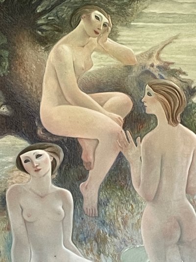 Magnifique huile sur toile signée Alfonso Arana, peintre americain, représentant des baigneuses.