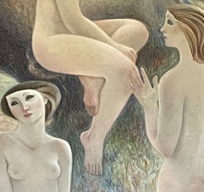 Magnifique huile sur toile signée Alfonso Arana, peintre americain, représentant des baigneuses.