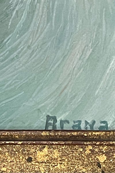 Magnifique huile sur toile signée Alfonso Arana, peintre americain, représentant des baigneuses.