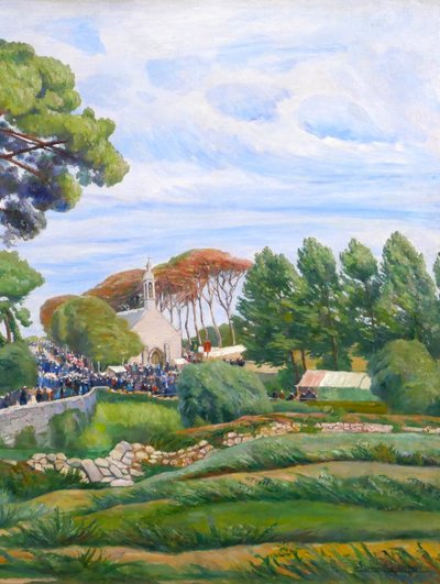 Edmond CHAMPON 1879-1963 Bretagne, Loctudy, scène de pardon, grand tableau 1911 paysage