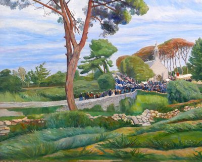 Edmond CHAMPON 1879-1963 Bretagne, Loctudy, scène de pardon, grand tableau 1911 paysage