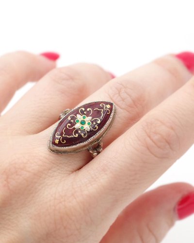 Bague marquise émail bressan en argent, Bague ancienne, bague régionale, bijou ancien régionaux