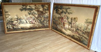 Coppia di arazzi di Aubusson raffiguranti due scene galanti Fine XIX