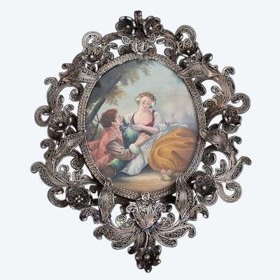Plaque peinte à la main avec cadre en filigrane d'argent. Rome, XVIIIe siècle.