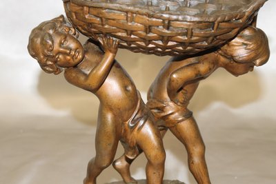 Sculpture signée Charles Théodore Perron 2 enfants portant un panier patine bronze ép. fin 19ème