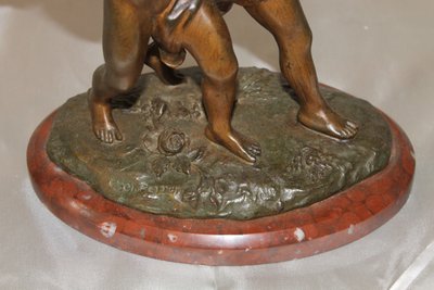 Sculpture signée Charles Théodore Perron 2 enfants portant un panier patine bronze ép. fin 19ème