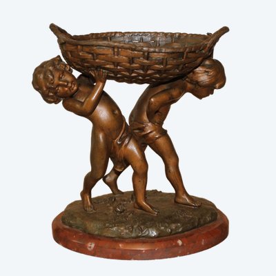 Sculpture signée Charles Théodore Perron 2 enfants portant un panier patine bronze ép. fin 19ème