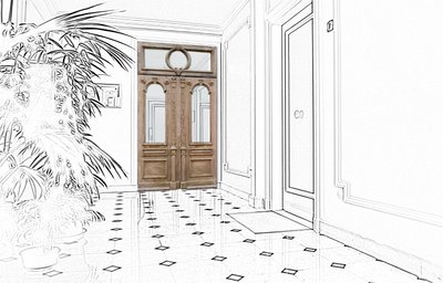 Zwei große architektonische Bogenfenster Dachgaube Werkstatt alte Türen