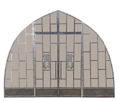 Zwei große architektonische Bogenfenster Dachgaube Werkstatt alte Türen