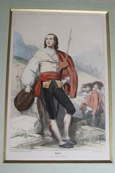 2 lithographies couleurs d'Eugène Déveria guide et lavandière à Eaux-Bonnes Pyrénées ép. 19ème
